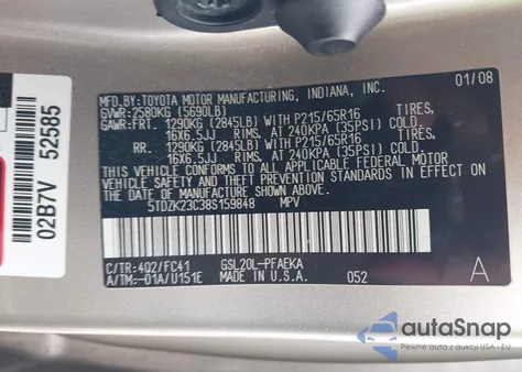 2008 Toyota Sienna Le z USA, uszkodzony, nr VIN 5TDZK23C38S159848